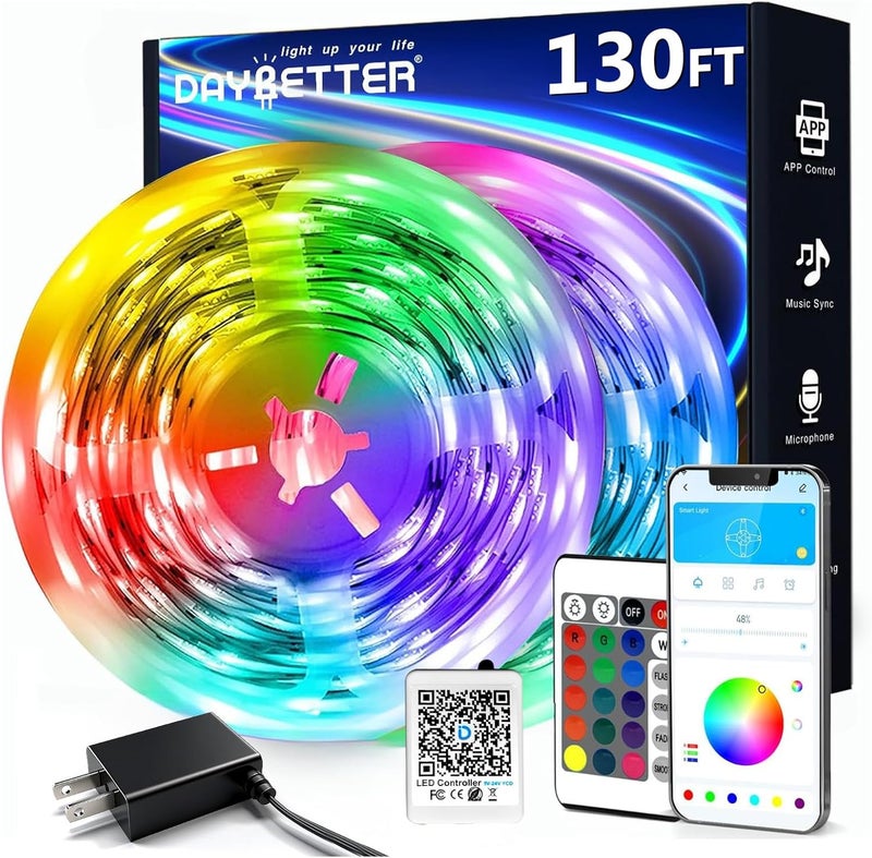 DAYBETTER LED Strip Lights 130 ft (2 Rolls of 65.6ft), LED Lights Smart App Control Lighting Bedroom Rome Decor with Remote, RGB Music Sync Color Changing LED Lights for Bedroom Party - Image 1